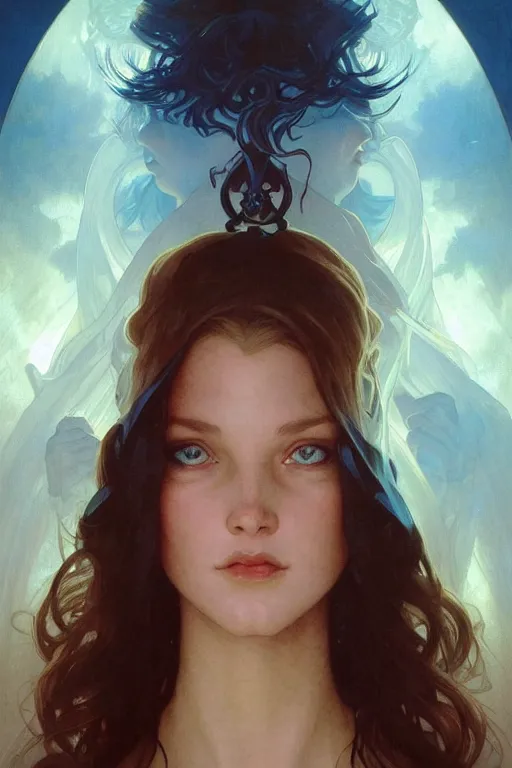 Image similar to bright cube above a portrait of a beautiful dark mystical woman, ice blue eyes, artstation, concept art, smooth, sharp focus, illustration, art by artgerm and greg rutkowski and alphonse mucha and william - adolphe bouguereau