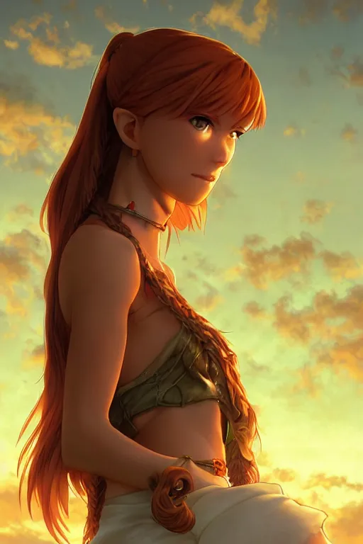Image similar to long ginger hair, tanned woman in a prehistoric outfit, green eyes, fang necklace, by artgerm, hair tied in a ponytail, white backdrop, soft lighting, night scene, by greg rutkowski makoto shinkai takashi takeuchi