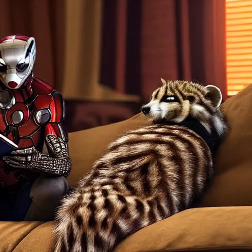 Image similar to A scene from a 2022 Marvel film featuring a humanoid genet reading on a couch. An anthropomorphic genet. 8K UHD.