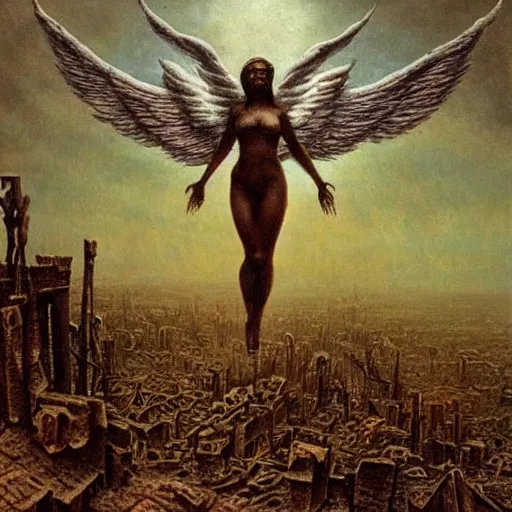 Prompt: lovecraftian angel floating above a ruined city, highly detailed beksinski painting