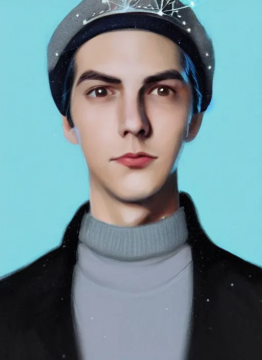 Image similar to portrait of teenage jughead jones wearing a light grey crown, crown, blue turtleneck, 1 9 5 0 s, closed eyes, photorealistic, black hair, glowing lighting, intricate, elegant, glowing lights, highly detailed, digital painting, artstation, concept art, smooth, sharp focus, illustration, art by wlop, mars ravelo and greg rutkowski