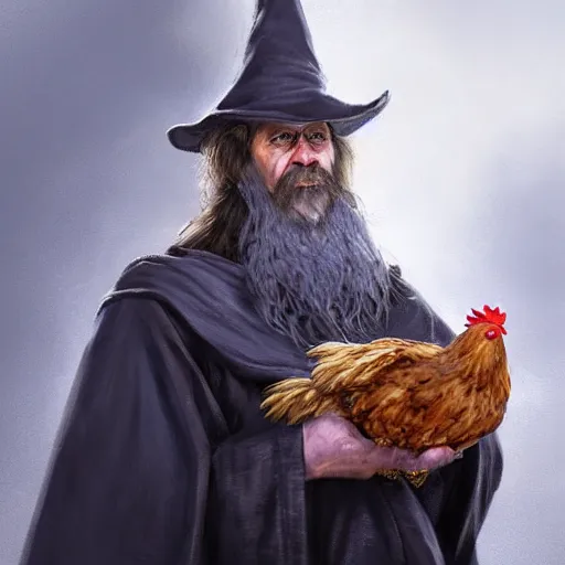 Prompt: a portrait of a wizard with his pet chicken by Johan Grenier, blue robe, long beard, ArtStation, realistic, detailed