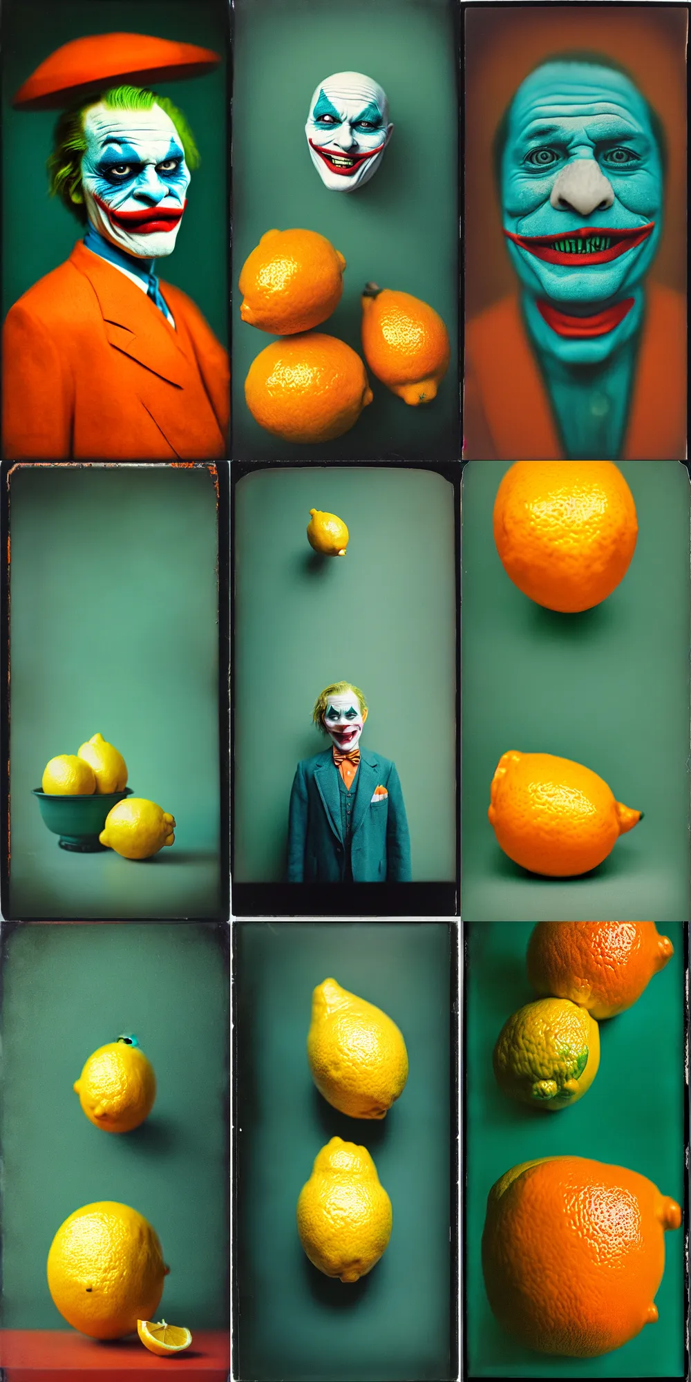 Image similar to kodak portra 4 0 0, wetplate, 8 k, shot of a highly detailed, britt marling style, colour still - life portrait of a lemon looks like 1 9 9 9 joker, teal and orange, muted coloures