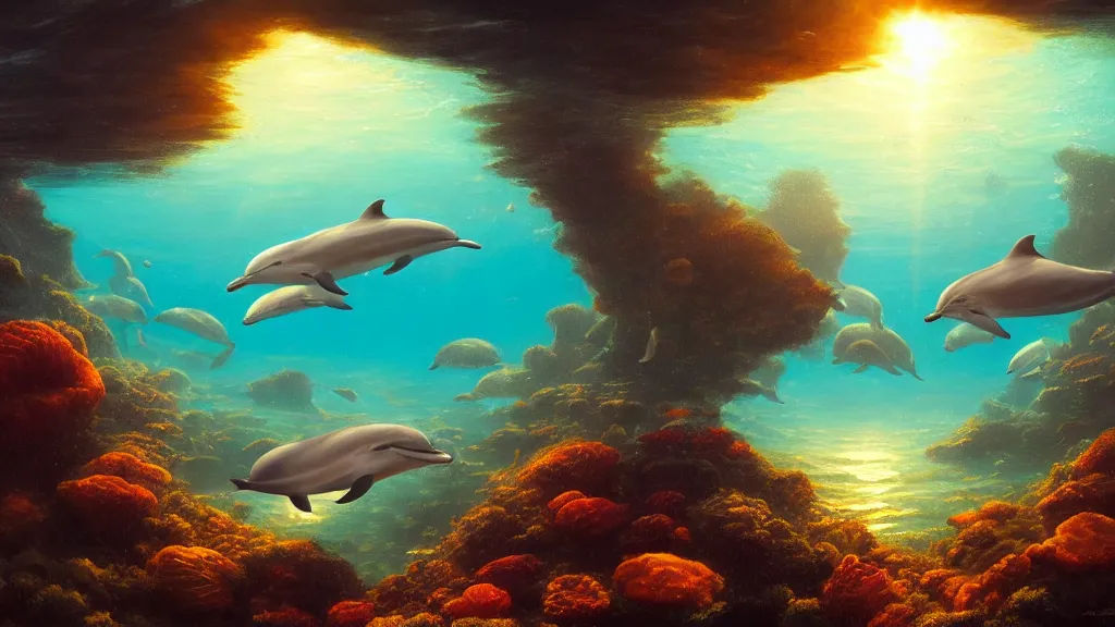 Image similar to underwater sea, summer, sun rays shining through the surface, dolphins swimming, peaceful, amazing, by andreas rocha and john howe, and Martin Johnson Heade, featured on artstation, featured on behance, golden ratio, ultrawide angle, f32, well composed