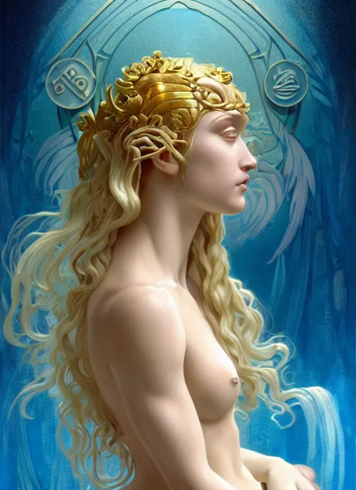 Prompt: the greek goddess aphrotite, blond hair, body made of water, steampunk, beautiful glowing eyes, volumetric lights, red and cyan theme, art nouveau botanicals, intricate, highly detailed, digital painting, artstation, concept art, smooth, sharp focus, cinematic, illustration, beautiful face, art by artgerm and greg rutkowski and alphonse mucha