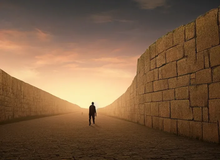 Image similar to a man walking in the middle of two giant walls at sunset, dreamy, matte painting, fancy lighting, complementary colours, high quality, highly detailed, godrays, calm, relaxing, beautiful landscape, serene landscape, low contrast, concept art, trending on DeviantArt