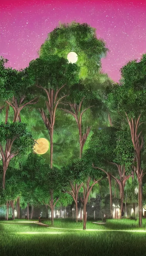 Image similar to a city park at night in Merida Yucatan Mexico with Ceiba trees and a full moon. fantasy illustration