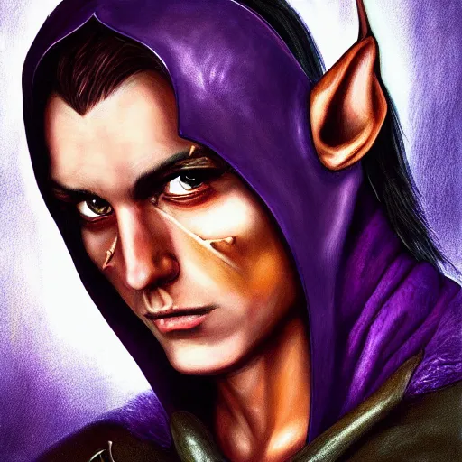 Image similar to oil painting a medieval fantasy tolkien elf, dark purplish hair tucked behind ears, wearing leather with a fur lined collar, wide face, muscular build, scar across the nose, cinematic, character art, l, detailed.