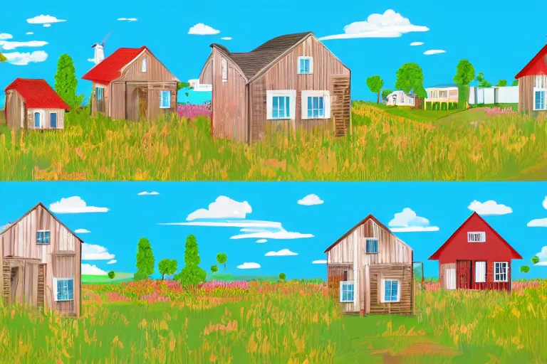 Prompt: rural houses sinking in the ground, clear blue sky, pop illustration, collage 4 k