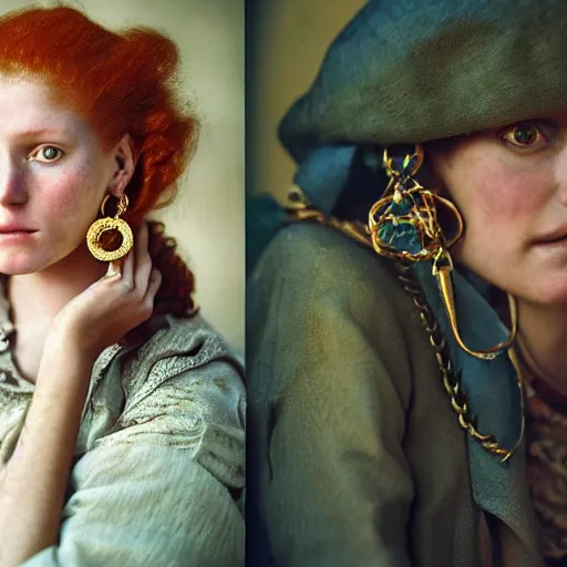 Image similar to beautiful 1 9 th century barbary coast pirate female models with ginger hair and golden hooped earrings photography by steve mccurry