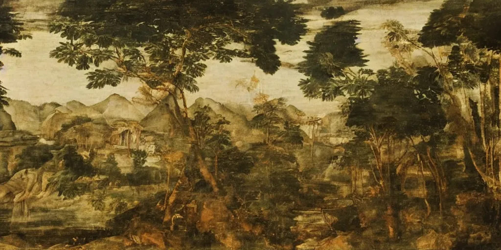 Prompt: a Titian painting of a landscape in chengdu