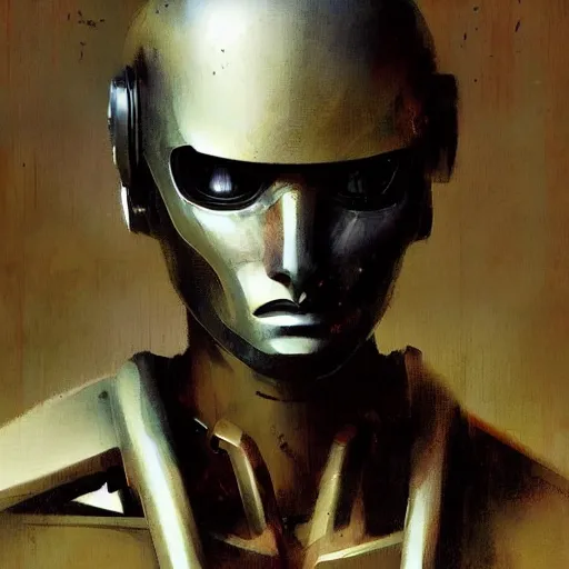 Image similar to portrait of a robot by greg rutkowski in the style of frank frazetta and boris vallejo