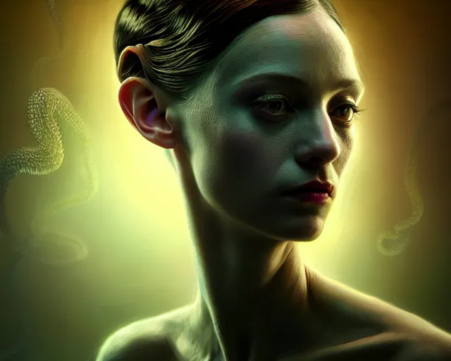 Image similar to lovecraft biopunk portrait of ballerina, fractal background, au naturel, hyper detailed, digital art, trending in artstation, cinematic lighting, studio quality, smooth render, unreal engine 5 rendered, octane rendered, art style by klimt and nixeu and ian sprigger and wlop and krenz cushart.