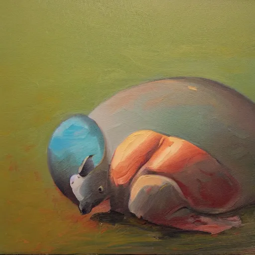 Image similar to oil on canvas of, rhinoceros laying an egg in hawaii