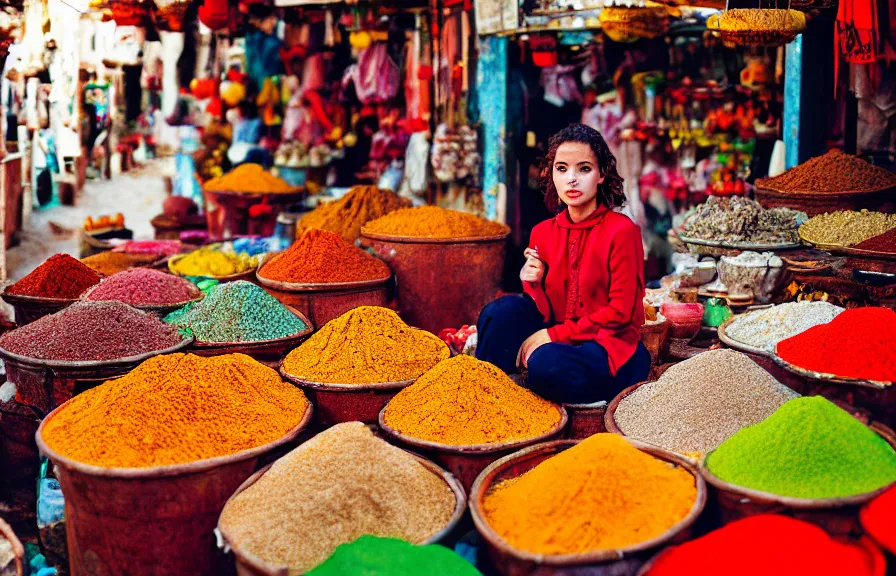 Prompt: professional photograph of lonely girl in the market in tunis, spices, warm air, vibrant colors, high contrast photograph, kodak, analog film