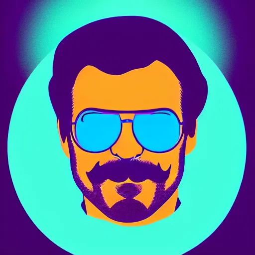Prompt: portrait of tom selleck with light blue shutter shades in front of a sunset, a dark purple leather jacket, vector art by jan tengnagel, pixabay contest winner, retrofuturism, retrowave, synthwave, outrun