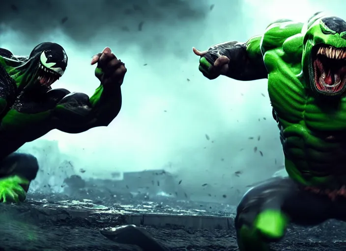 Image similar to venom fused with hulk, ultra realistic 4 k unreal engine very cinematic render with ray tracing bloom ambient occlusion strong reflections depth of field fog