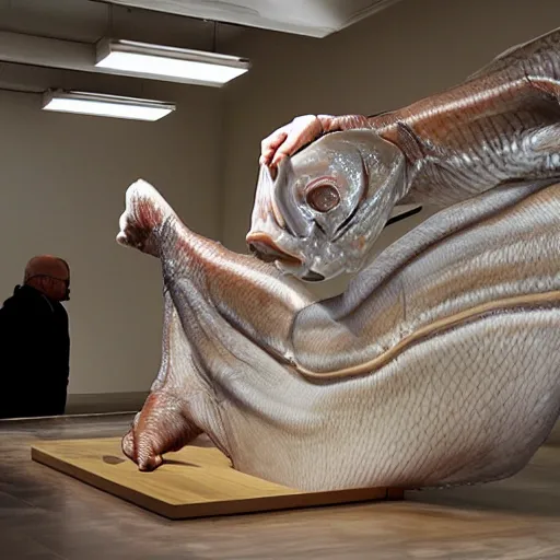 Image similar to praying man fish chimera, ron mueck masterpiece in exhibition