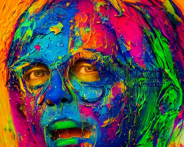 Image similar to abstract expressionist portrait of a head showing strong negative emotions painted with very thick impasto paint and acrylic pour and coloured powder explosion and splashing paint and dripping paint and flying paint chunks, motion blur, hyperrealistic, intricate art photography, anatomically correct, realistic crisp textures, 1 6 k