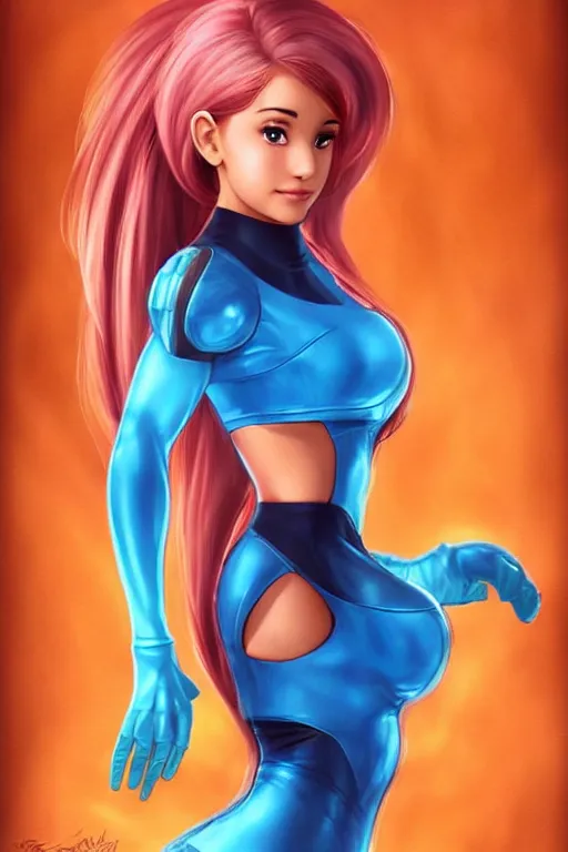 Image similar to Ariana Grande as Samus Aran, golden hour, by greg Rutkowksi, by artgerm