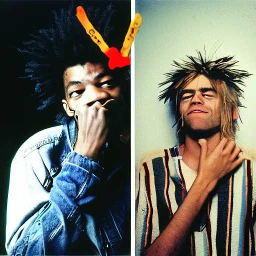 Prompt: medium format photo of basquiat and kurt cobain photographed by annie leibovitz in a hi end photo studio, color, photorealistic,