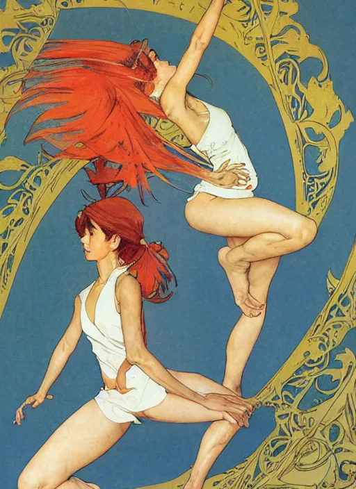 Image similar to an art nouveau copic maker illustration of asuka langley doing yoga by norman rockwell and john berkey