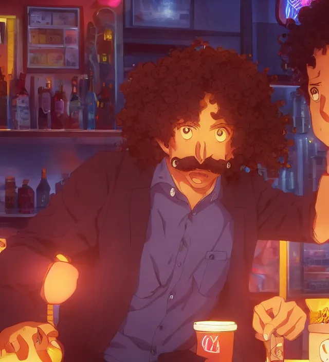 Image similar to close - up anime still of ( ( charming!!!!! latino middle - aged anime protagonist with curly afro and moustache!!! tilting his head charmingly ) late night in an anime bar, cozy lights, detailed orange atmosphere. cinematic rim lighting, global illumination, trending on artstation, hypdertailed, perfect shading, dreamy, masterpiece