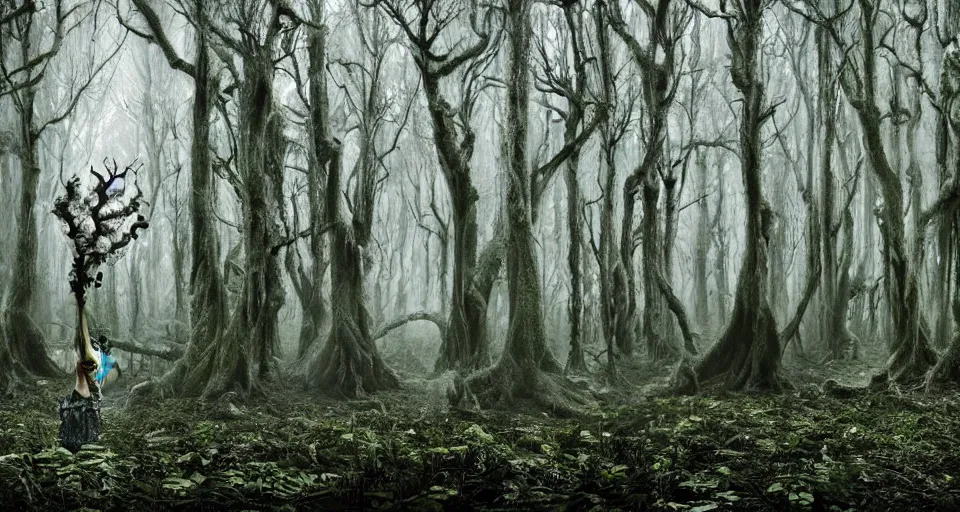 Prompt: A dense and dark enchanted forest with a swamp, by Kirsty Mitchell