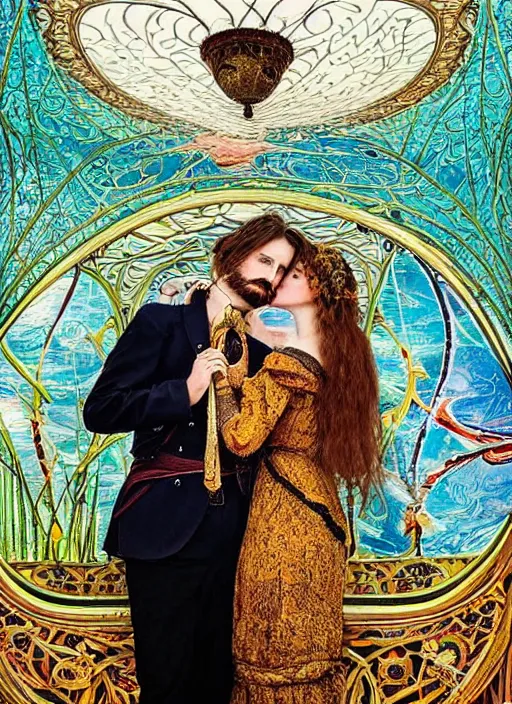 Image similar to detailed colourful masterpiece of intricate art nouveau preraphaelite photography by anne leibovitz couple portrait sat down extreme closeup, love, inside an underwater train, detailed realistic expressions, wearing unusual clothes, ultra wide angle