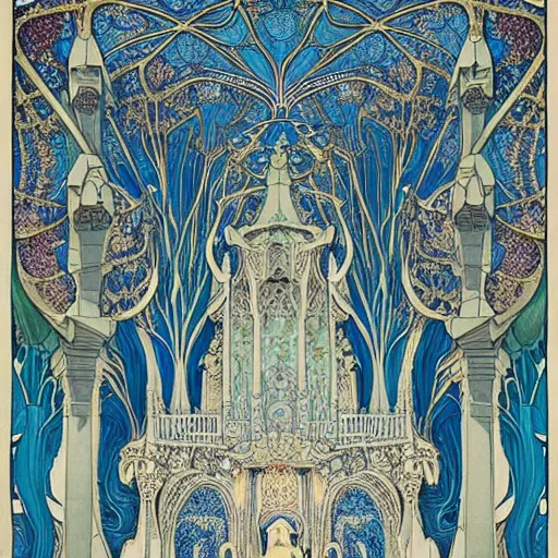 Prompt: art nouveau temple, giant majestic archways, waterfalls, ornate ancient temple, decorative fractal edges, crystal trees, blue fungal growth, intricate ornate opalescent central mandala, fine lines, clean lines, parallax poster composition, drawn by aubrey beardsley, harry clarke, Verneuil, mucha, henri gillet, William Morris, John Henry Dearle