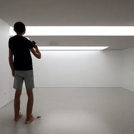 Image similar to a man taking a selfie in a large minimalistic concrete room. room contains upholstered sofas fluorescent ceiling lighting and a rectangular water feature in the center, a tilt shift photo by leandro erlich, featured on cg society, kitsch movement, hall of mirrors, high dynamic range, studio portrait