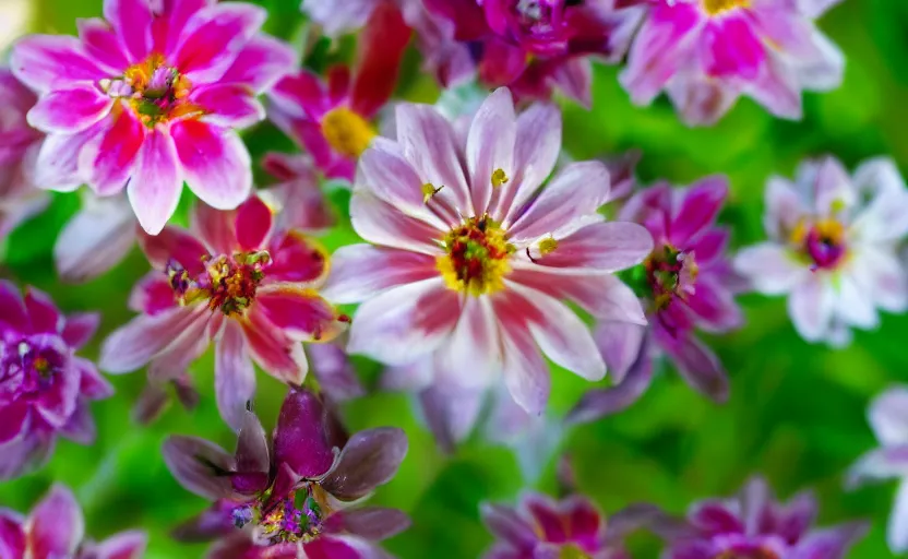 Image similar to macro depth of field beautiful flowers with cyborg eyes in the middle