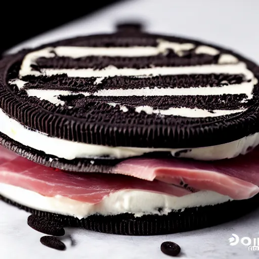 Image similar to oreo Ice cream sandwich with thin sliced ham in the middle, 4K photo, studio lighting