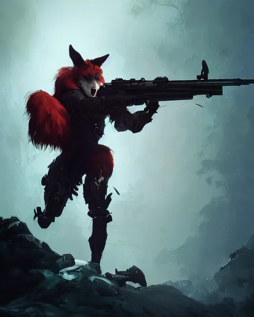 Prompt: beautiful portrait of a handsome black male anthropomorphic wolf fursona red hair, long red hair wearing destiny 2 armor and holding a sniper rifle. character design by cory loftis, fenghua zhong, ryohei hase, ismail inceoglu and ruan jia. artstation, volumetric light, highly detailed, photorealistic, fantasy, rendered in octane