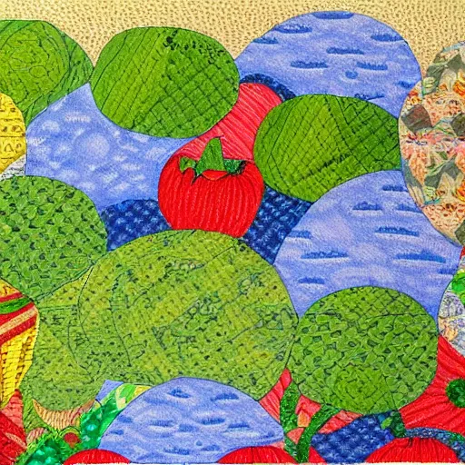 Image similar to a balloon from above, made from patchwork of several pattern cloths, over a landscape of different vegetable crops and some trees. High quality, colored pencil drawing, award winning, nostalgic