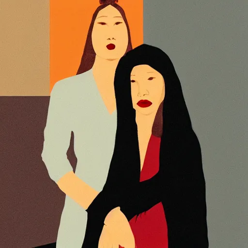 Image similar to Woman holding another woman, arm around her neck, she is Korean, the other black girl, both have red lips, wearing black veils, Edward Hopper and James Gilleard style