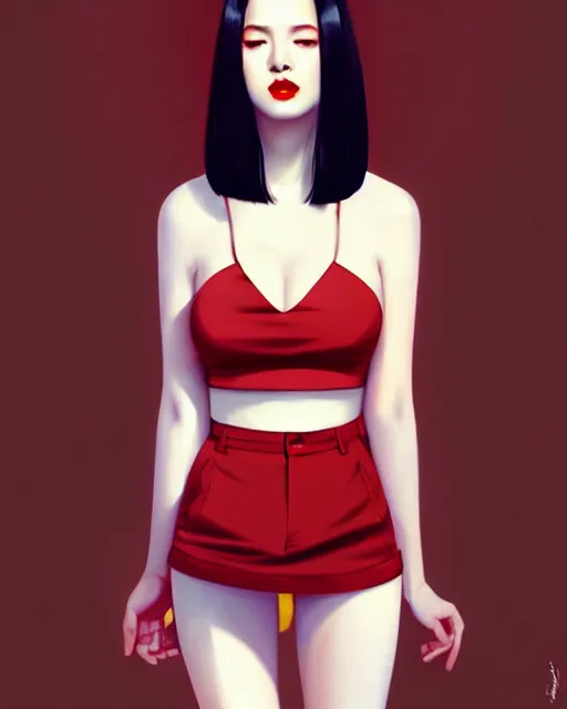 Image similar to a full body portrait of pale skin beauty in mini skirt and crop top, black hair, red lips, digital painting by ilya kuvshinov and ross tran and karol bak and stanley lau and anna dittmann and artgerm and xiaoguang sun and tian zi