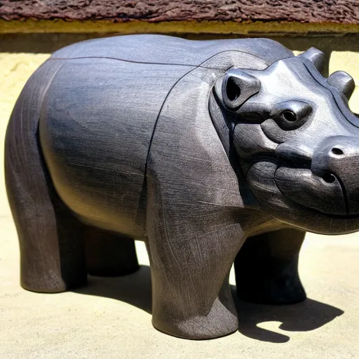 Prompt: wood block small hippo statue, wood blocks bottom hippo body, blue chrome top hippo body, by a genius craftsman, highly detailed