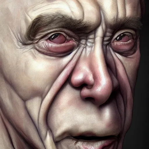 Image similar to closeup portrait of a man with bulging unblinking eyes, shrivelled neck with strange lines, wide mouth with thick lips, flat nose, tiny ears, squamous grayish skin, constant alopecia, creepy, dramatic light, painted by stanley lau, painted by greg rutkowski, painted by stanley artgerm, digital art, trending on artstation