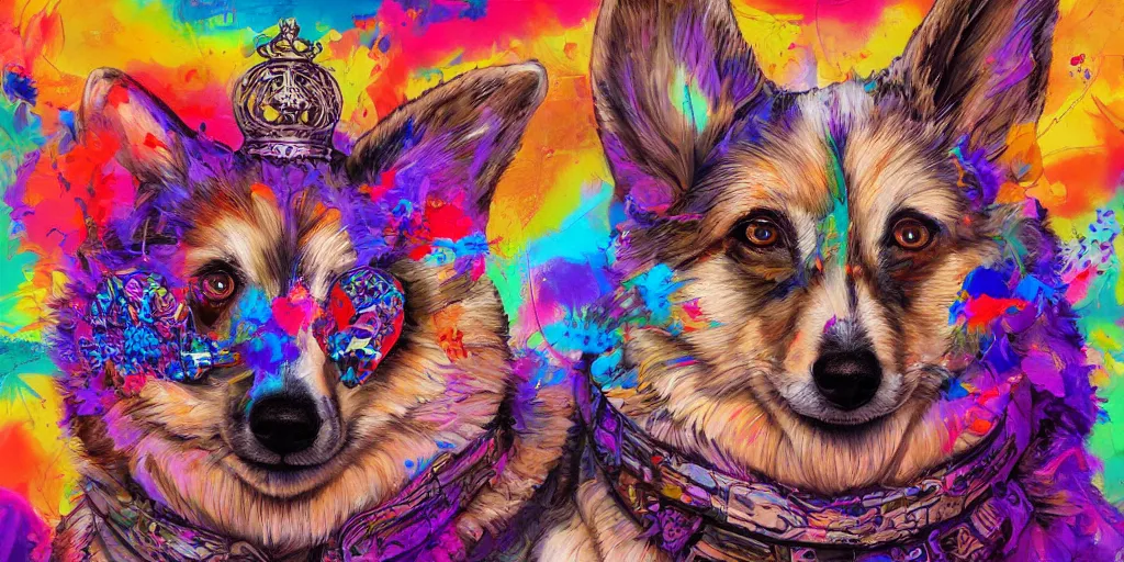 Prompt: beautiful painting of psychedelic fluffy corgi king ruling, by Tristan Eaton, James Gurney, greg rutkowski. trending on Artstation, 8k, masterpiece, graffiti paint, fine detail, full of color, intricate detail, golden ratio illustration