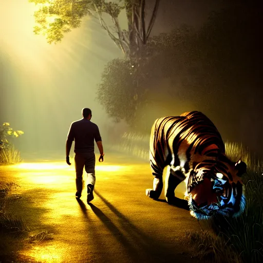 Image similar to photo of a man walking a tiger like a dog ultra realistic, lens flare, atmosphere, glow, detailed, intricate, full of colour, cinematic lighting, trending on artstation, 4 k, hyperrealistic, focused, extreme details, unreal engine 5, cinematic, masterpiece, ultra realistic, hyper realistic, highly detailed, sharp focus, digital art