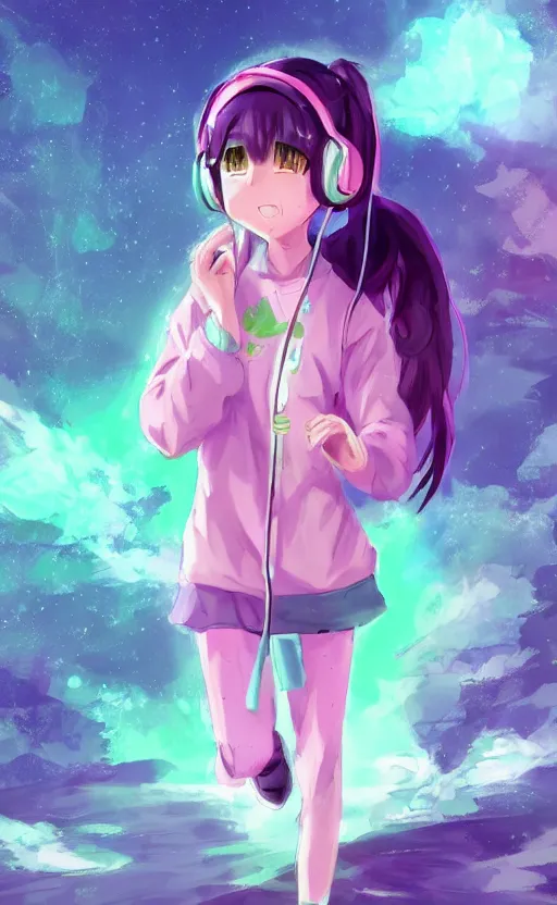 Image similar to anime girl with pink ponytail, wearing purple headphones, wearing a green sweater, with a smile on her face and her eyes closed, walking down a street, dynamic lighting, photorealistic fantasy concept art, trending on art station, stunning visuals, creative, cinematic, ultra detailed