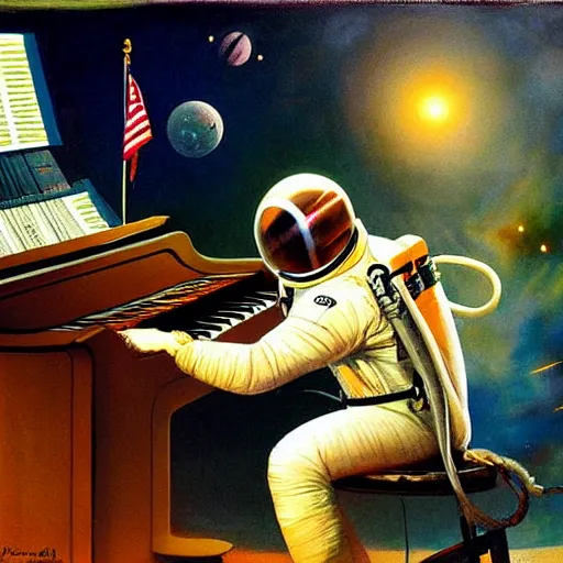 Prompt: astronaut playing keyboard by frank frazetta, digital painting, digital art