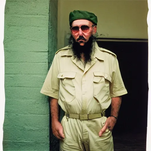 Image similar to fidel castro wearing a romper designed by supreme, portrait, 3 5 mm film, by nan goldin