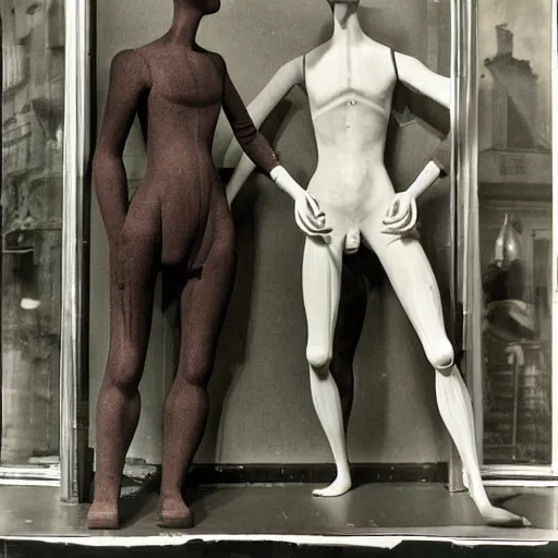 Image similar to manikins dancing, wax manikin heads, smiling at each other, uncanny valley, 1 9 2 0, paris, shop window, photograph, style of atget, nightmare, concept art, creepy