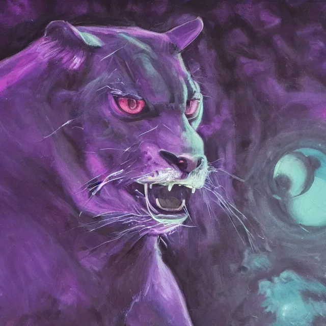 Image similar to closeup of a purple panther roaring at the moon in the forest. night. large moon in the center. cinematic. oil painting. concept art