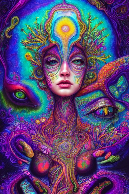 Image similar to third eye opening dream of wild life, extremely colorful psychedelic experience, abstract, dmt, psilocybin, lsd, intricate, elegant, highly detailed, digital painting, artstation, smooth, sharp focus, illustration, art by hana yata, android jones, josephine wall octane render, unreal engine, 8 k
