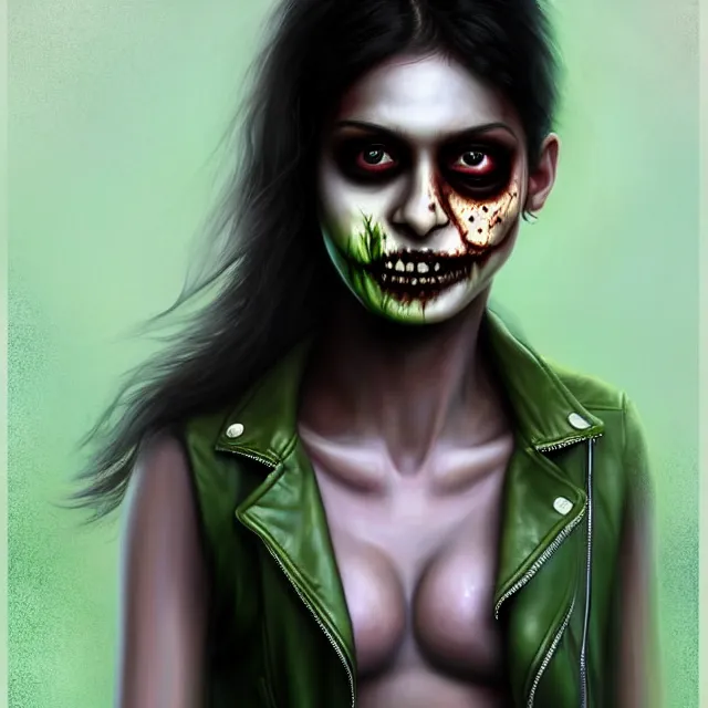 Prompt: epic professional digital airbrushed portrait art of a fit and athletic, extremely attractive mid-20s East Indian supermodel emo female zombie, smiling, perfectly symmetrical face, wearing a slightly torn shirt under a leather jacket, with deep green eyes, scary portrait, walking dead, best on artstation, cgsociety, wlop, Behance, pixiv, cosmic, epic, stunning, gorgeous, glamour lighting, glamour headshot, masterpiece by Dorian Cleavanger and Stanley Lau