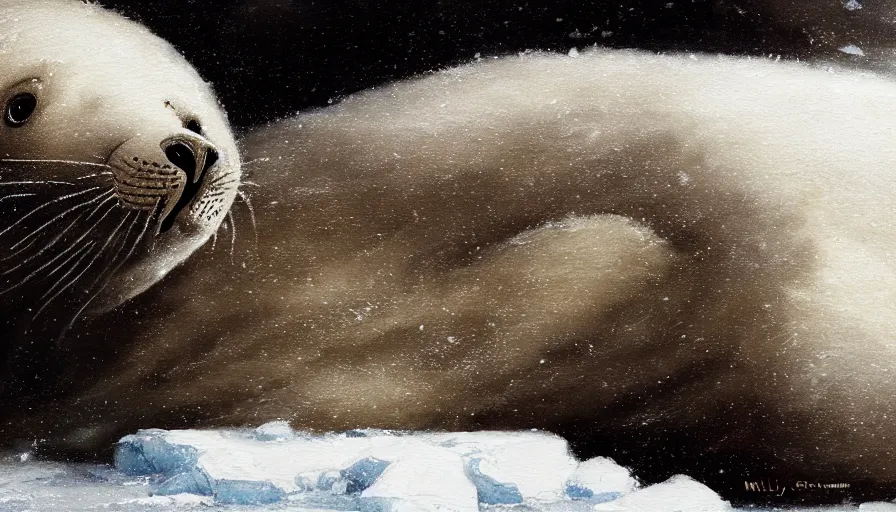 Prompt: highly detailed closeup painting of one big seal looking after lots of cute furry white baby seals inside a snowy fantasy ice crystal cavern by william turner, by greg rutkowski, by william constable, thick brush strokes and visible paint layers, 4 k resolution