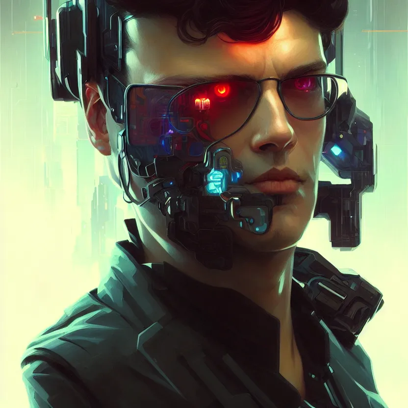 Prompt: Cyberpunk hacker man portrait, sci-fi face, elegant, highly detailed, digital painting, artstation, concept art, smooth, sharp focus, illustration, art by artgerm and greg rutkowski and alphonse mucha